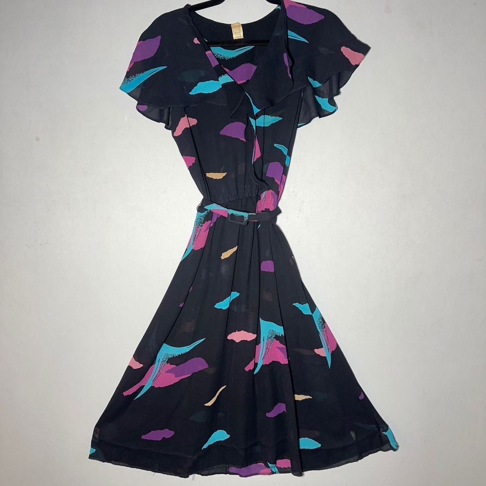 VTG Abstract Print Midi Dress Women Small Black Purple Teal Flutter Artsy Ruffle